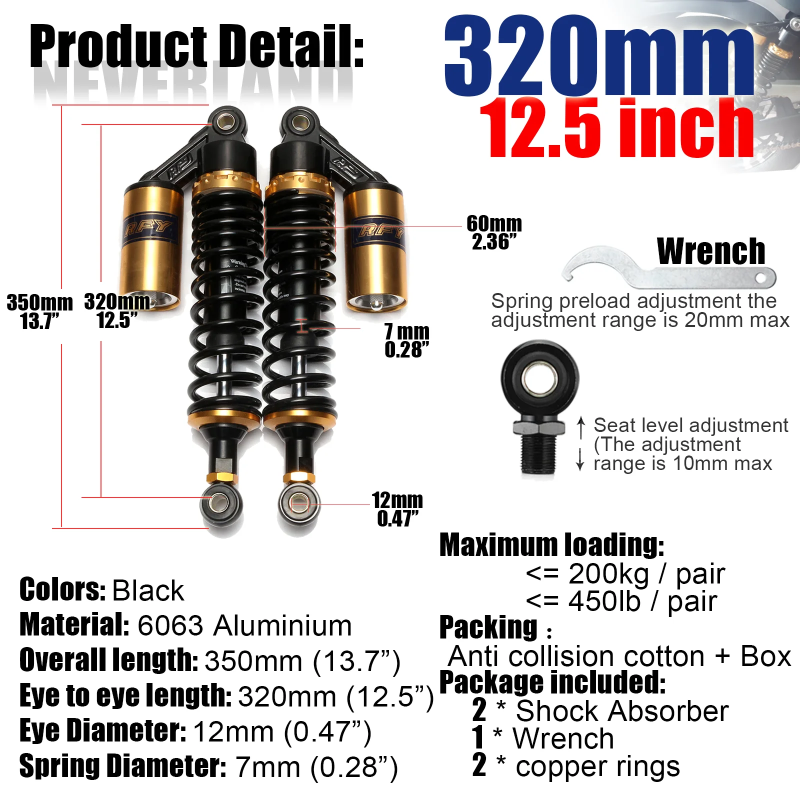 280Mm 320Mm 340Mm 360Mm 380Mm 400Mm 440Mm Motorcycle Air Schokdemper Achterwielophanging atv Quad Scooter Dirt Bike Motor D30