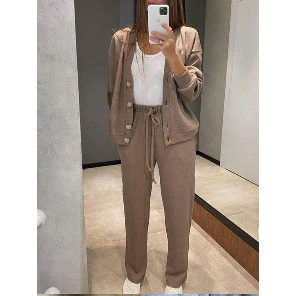 

Women Long Sleeve V Neck Buttoned Tops & Drawstring Pants Set Spring Casual Solid Color Two Pieces Tracksuit Sets