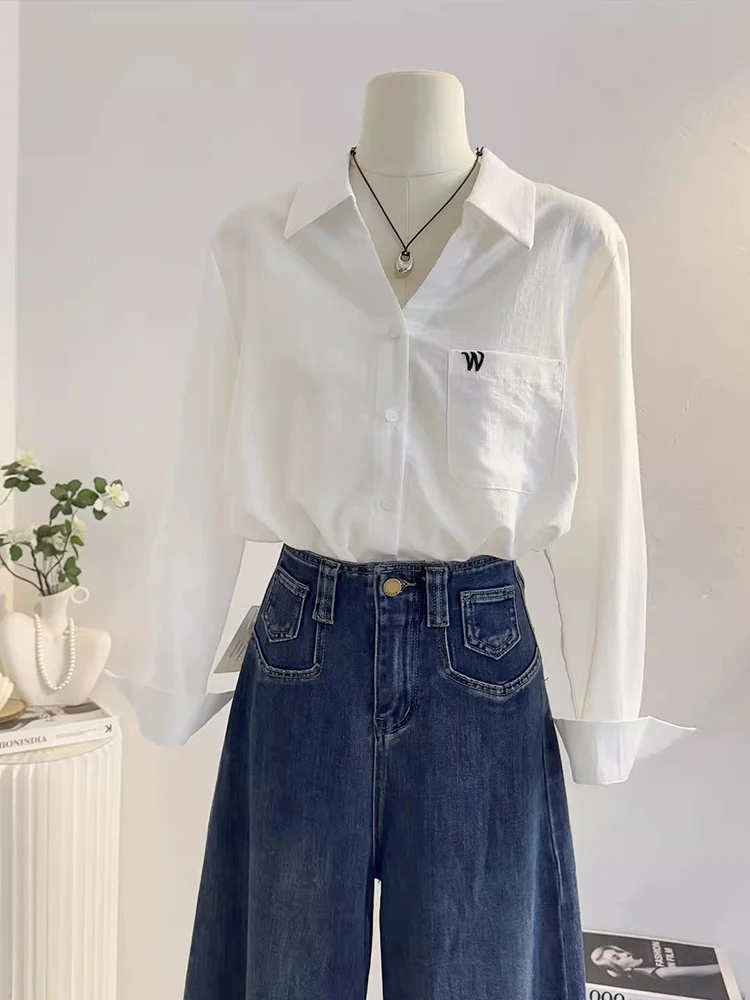 

Элегантная белая женская рубашка с V-образным вырезом и длинными рукавами, с вышивкой, для повседневной носки весной, дышащая, из смесового полиэстера