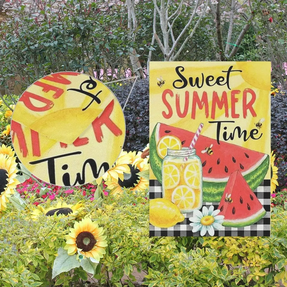 Summer Time Garden Flag 12x18, Sweet Watermelon Lemon Double Sided Flags Bees Flowers Buffalo Check House Flag Yard Banners Summ