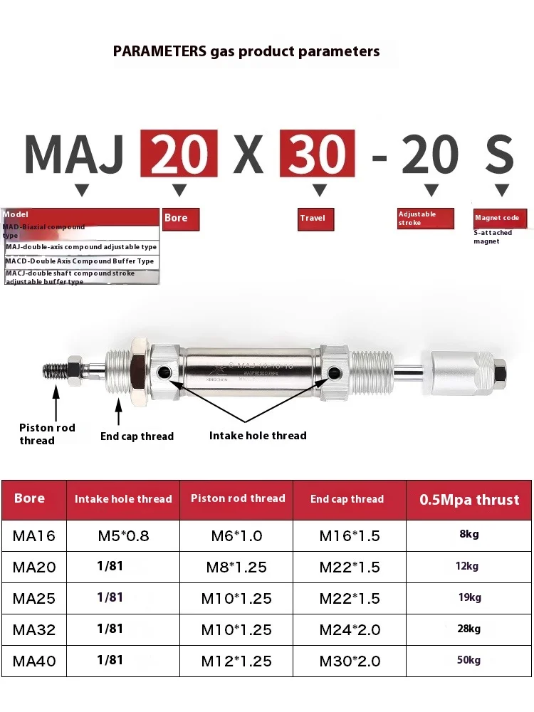Xingchen 공압 스트로크 조정 가능한 스테인레스 스틸 미니 실린더 MAJ16/20/25/32 - 10-10/16 - 30 - 30S