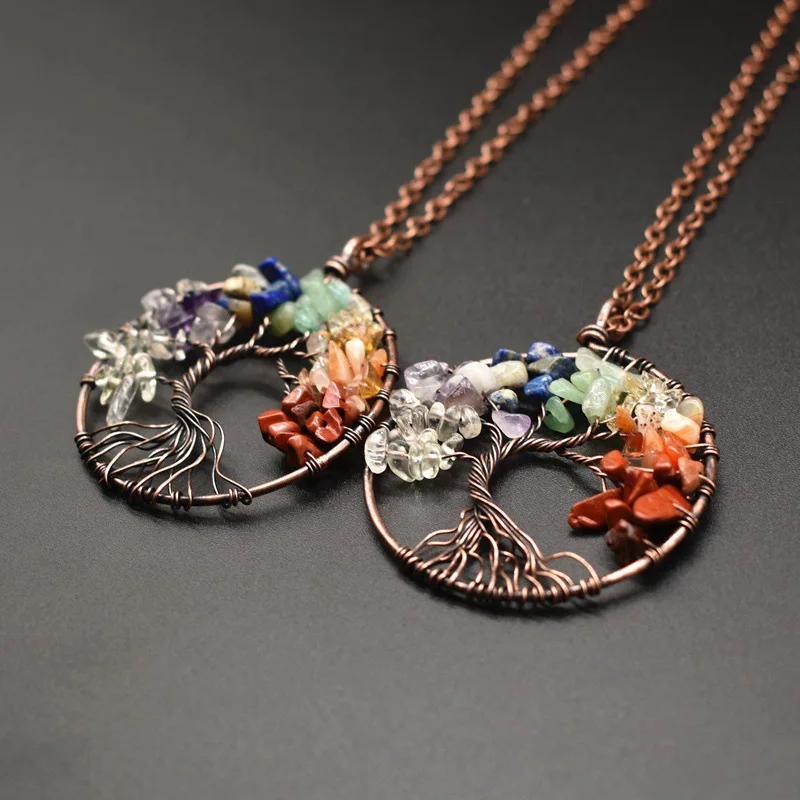 Seven Chakras Natural Crystal Rubble Tree of Life Wealth Pendant Reiki Healing Energy Necklace Holiday Gift Jewelry Decoration