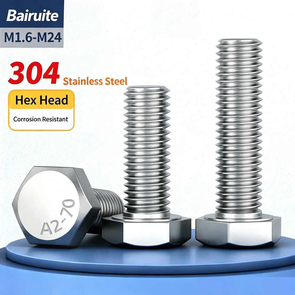304 Stainless Steel A2-70 DIN933 Hexagon Head Bolts Full Thread Metric Fasteners M1.6 M2 M2.5 M3 M4 M5, 50PCS Hexagonal Machine