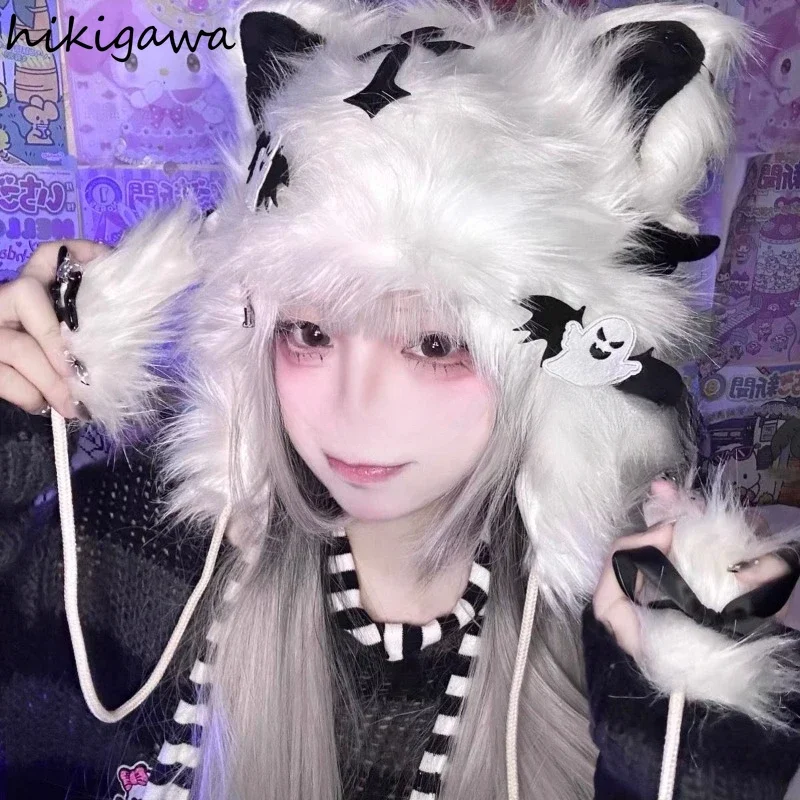 Japanese Gothic Lolita Cat Ear Hat Chain Rivet Designer Furry Winter Beanie Hat Female Harajuku Y2K Girls Cute Angel Ear Hat