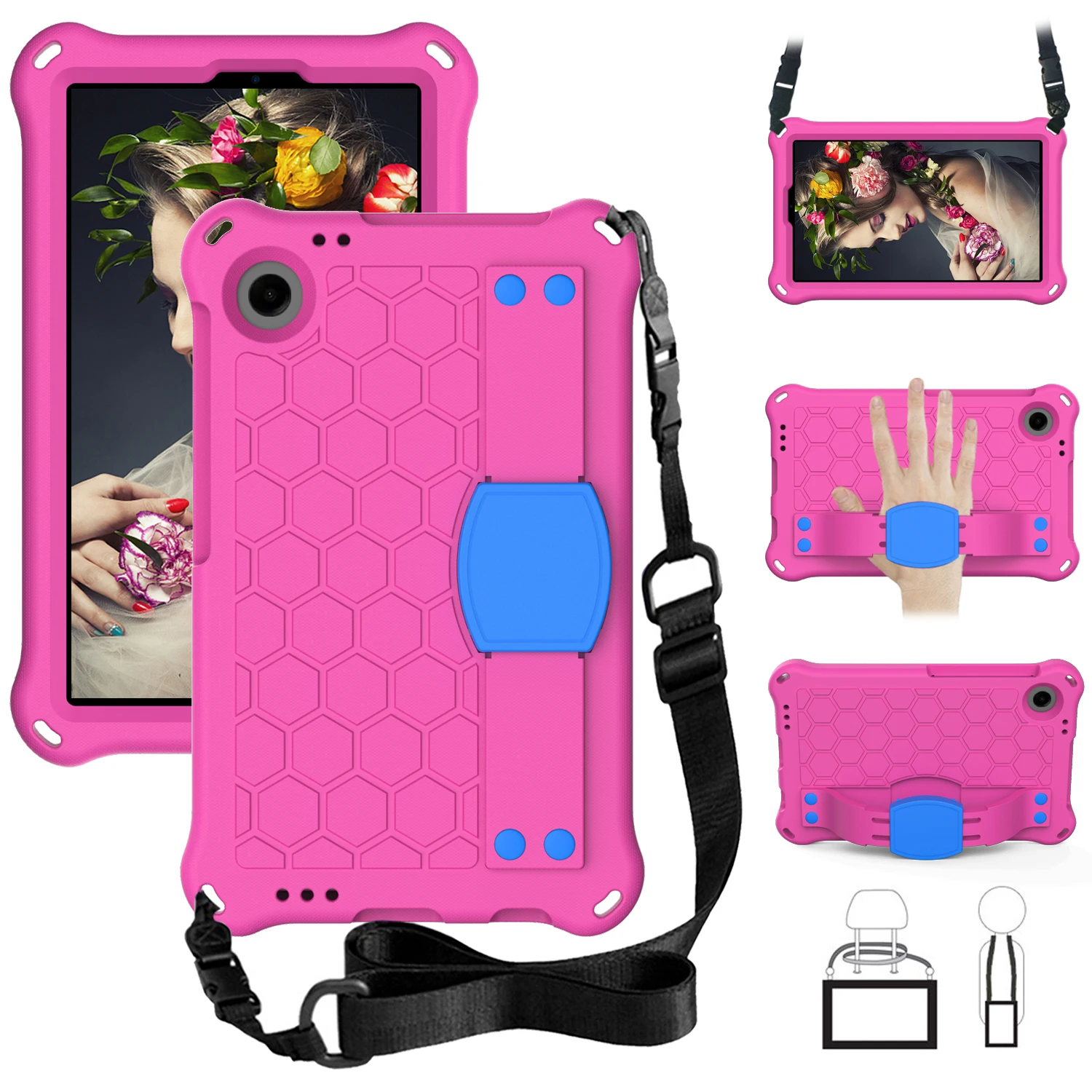 

For Samsung Galaxy Tab A9+ Honeycomb Texture Case Kickstand EVA Tablet Cover - Rose+Blue