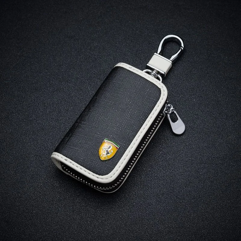 

3D Emblem Leather Key Case Car Key Bag Simple Zipper Buckle Remote Protective Box For Ferrari 458 488 599 612 FF F12 Accessories