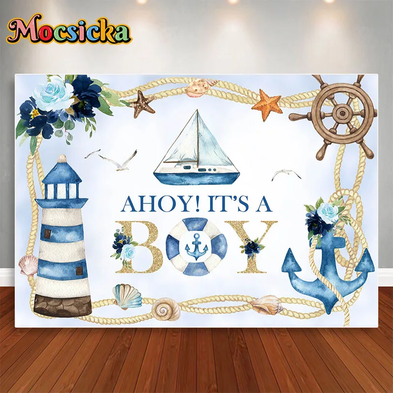 Mocsicka-Fondo de decoración de Océano Azul para niño, telón de fondo de cumpleaños con tema de marinero, ancla de Faro, accesorios de fotografía para estudio