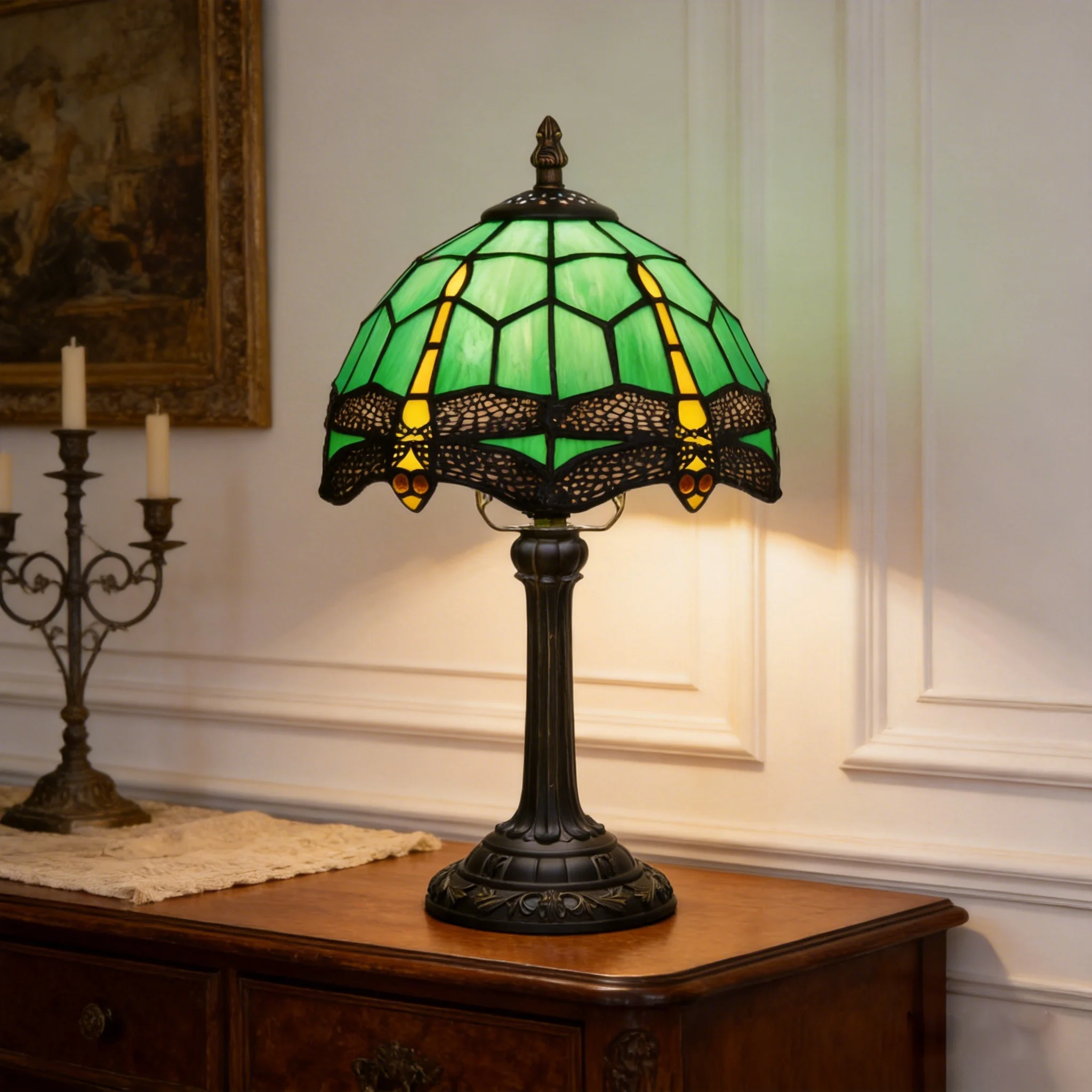 Tiffany Style 8 Inch Stained Glass Green Dragonfly Small Bedside Lamp Reading Antique Desk Light Living Room Office Vintage Art