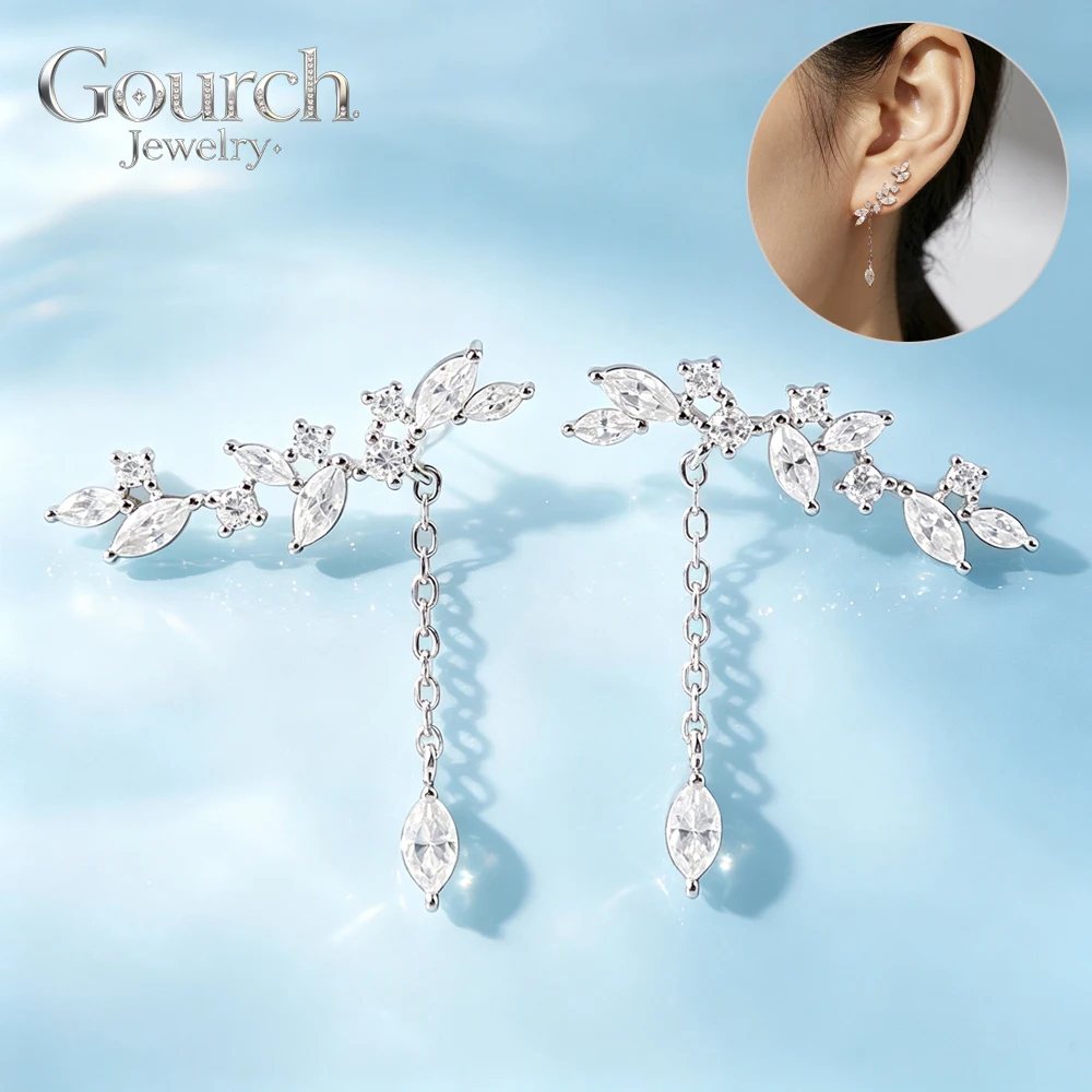 Gourch Full Real Moissanite Tassel Clip-On Drop Earrings for Women D Color VVS1 Lab Diamond S925 Silver 18K White Gold Plated