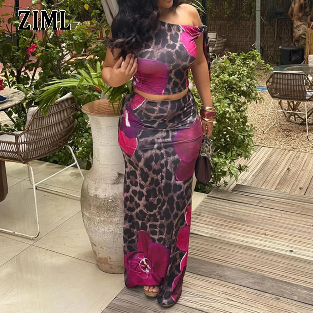 

ZIML Printing Two Piece Sets for Women Diagonal Collar Sleeveless Short Tops High Waist Sexy Chic Skirts Elegant Chic Se Female