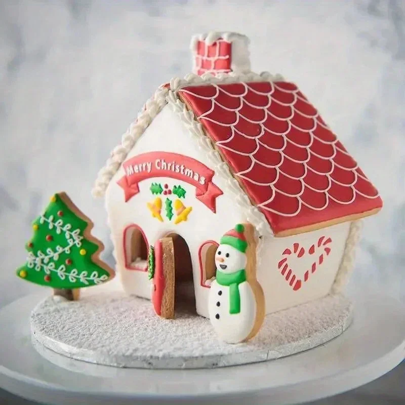 3D Christmas Gingerbread House Mould Plastic Cookie Cutter Set Diy Biscuit Mold Pastry Cake Stamp Baking Tools Accessories
