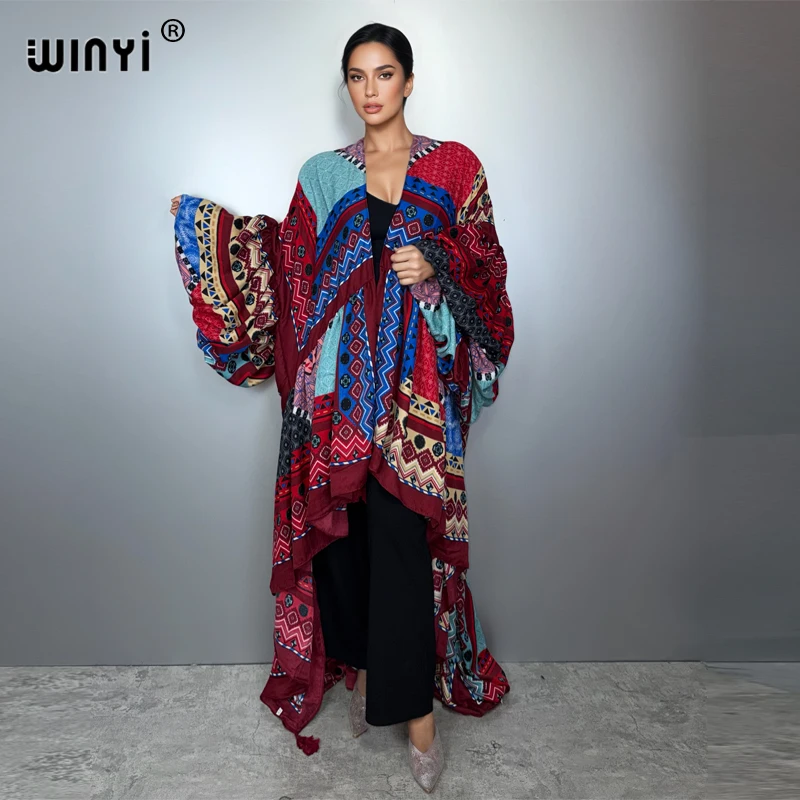 

WINYI abaya muslim woman Kimono Evening dress Beach Cover up Africa women loose puff(ed) sleeves Cardigan boho Holiday kaftan