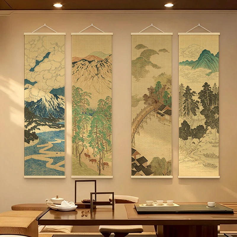 room decor aesthetic Wall Art Japanese Ukiyoe Ink Landscape Wall Art Posters bamboo mat Scroll Paintings Used For tea rooms