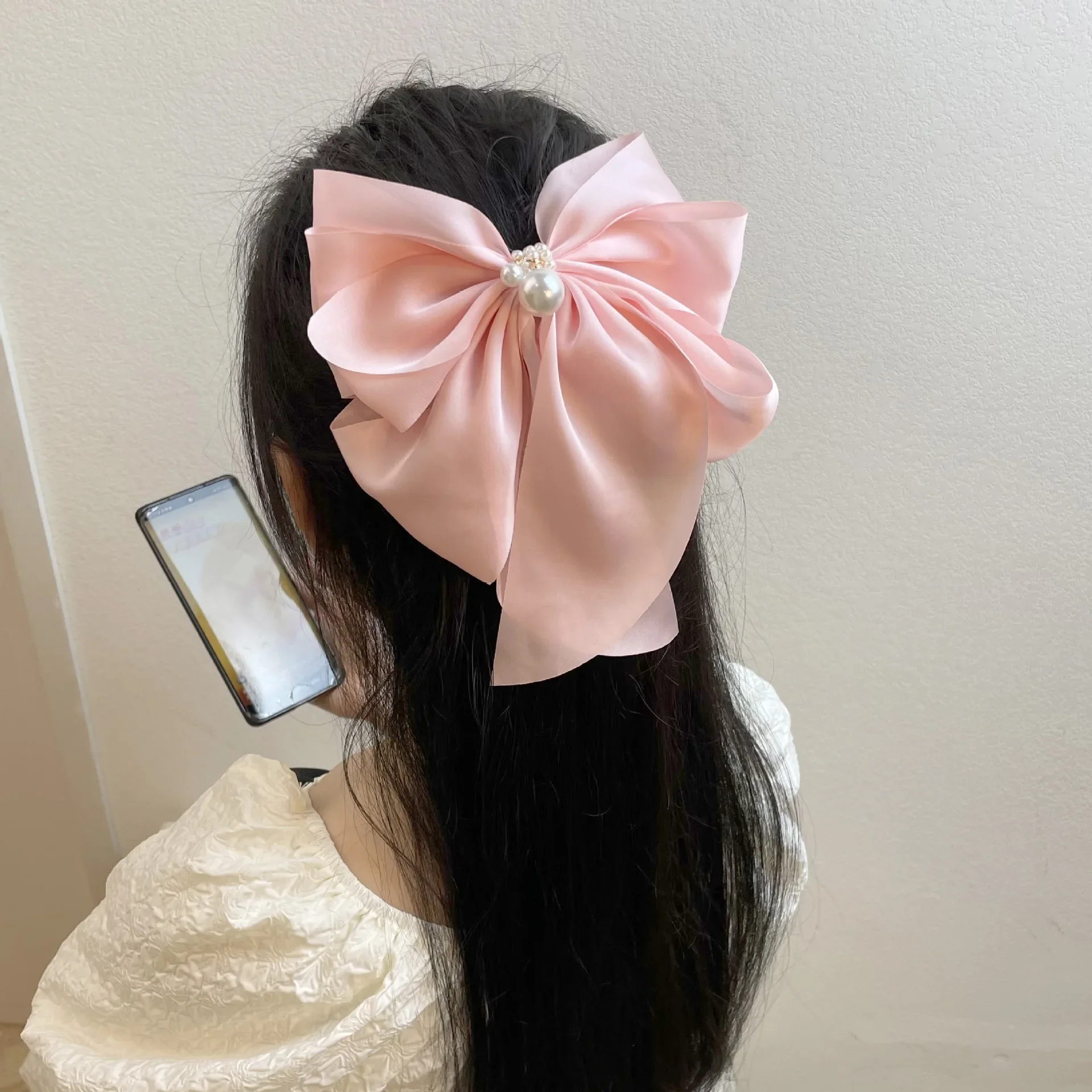 New Women\'s Long Ribbon Bow Spring Clip Solid Color High Grade Pearl Sweet and Cute Duckbill Clip Spring/Summer Fashion Headwear