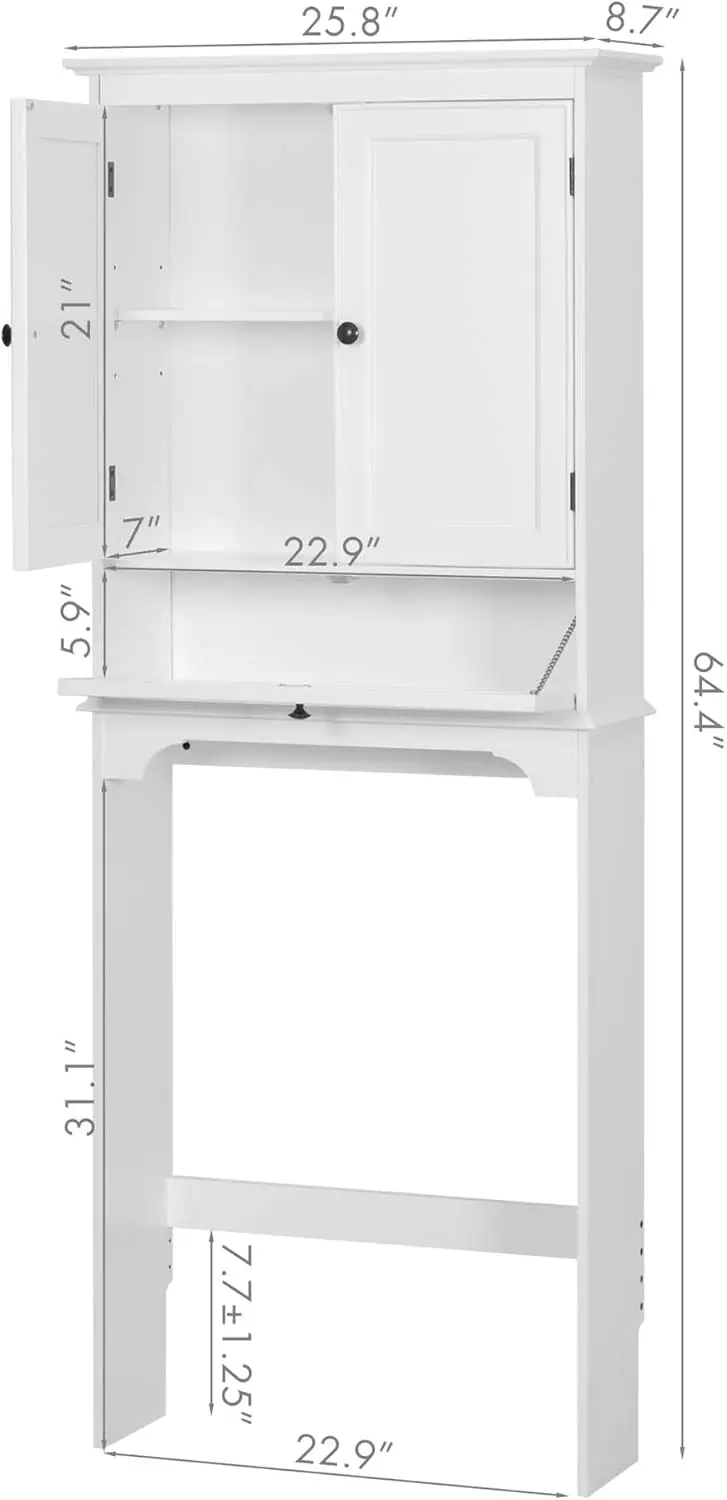 Opbergkast boven het toilet, badkamer boven toiletopbergkast met deuren en verstelbare planken, wit