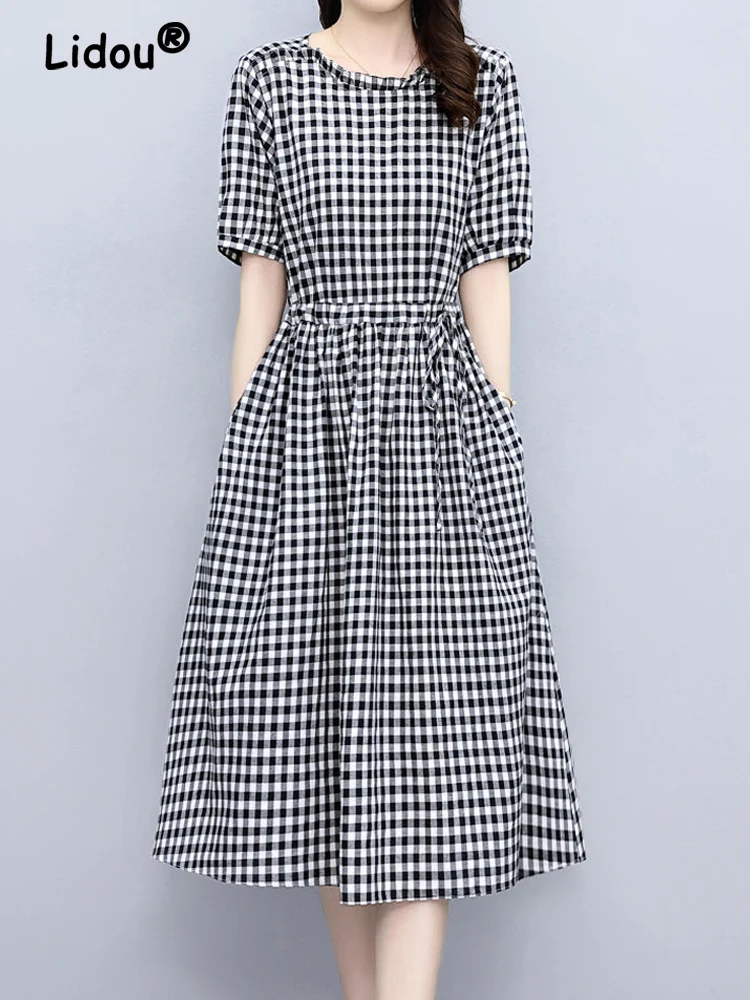 Elegance Office Lattice Lacing Patchwork A-line Skirt New Summer Classic Short Sleeve Round Neck Slim Korean Pleated Midi Dress