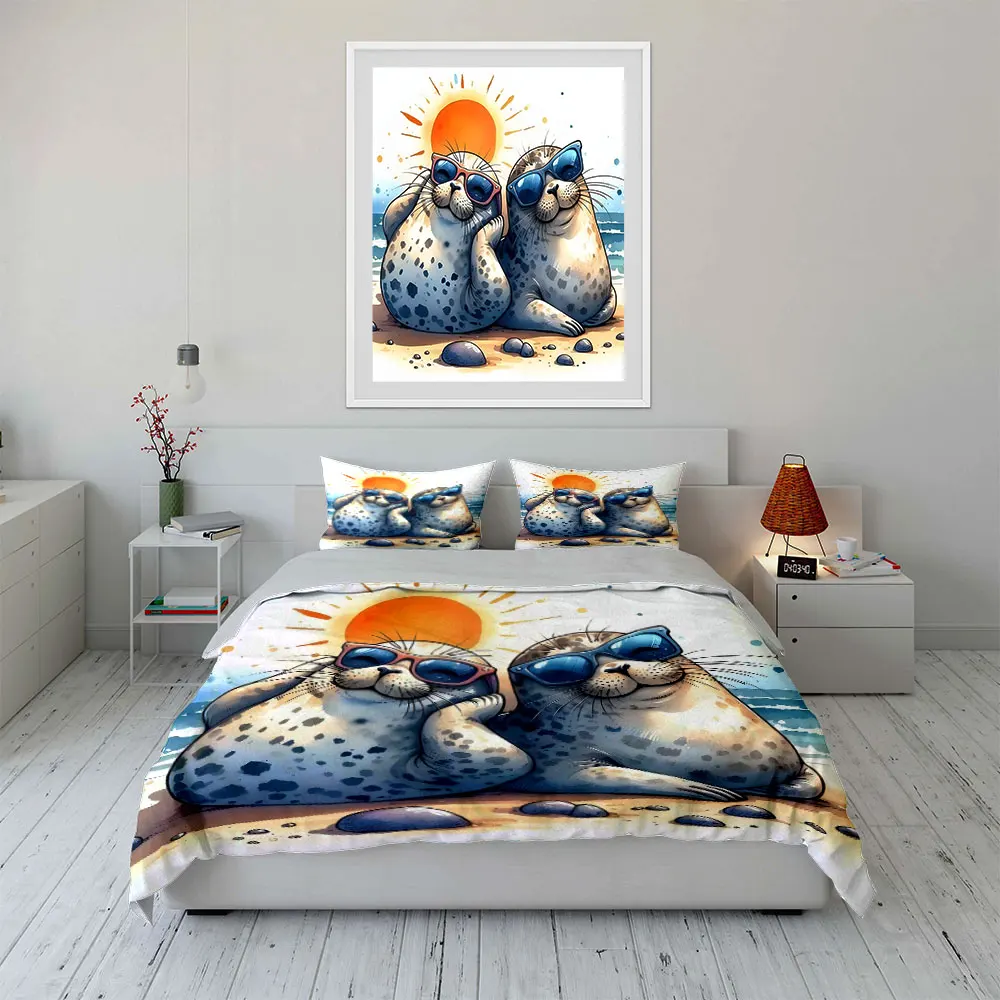 Seals sunbathing on the beach Print Soft Comfortable Duvet Cover Bedding Set Included 1*Duvet Cover  2*Pillowcases Luxury Gift