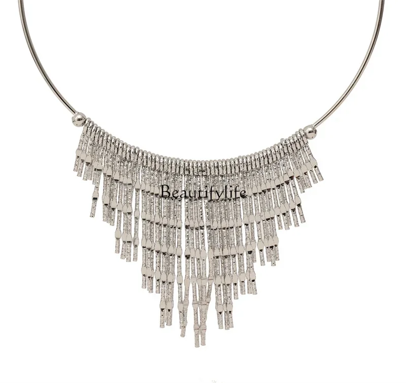 

New Chinese design ethnic retro heavy metal silver fringed collar