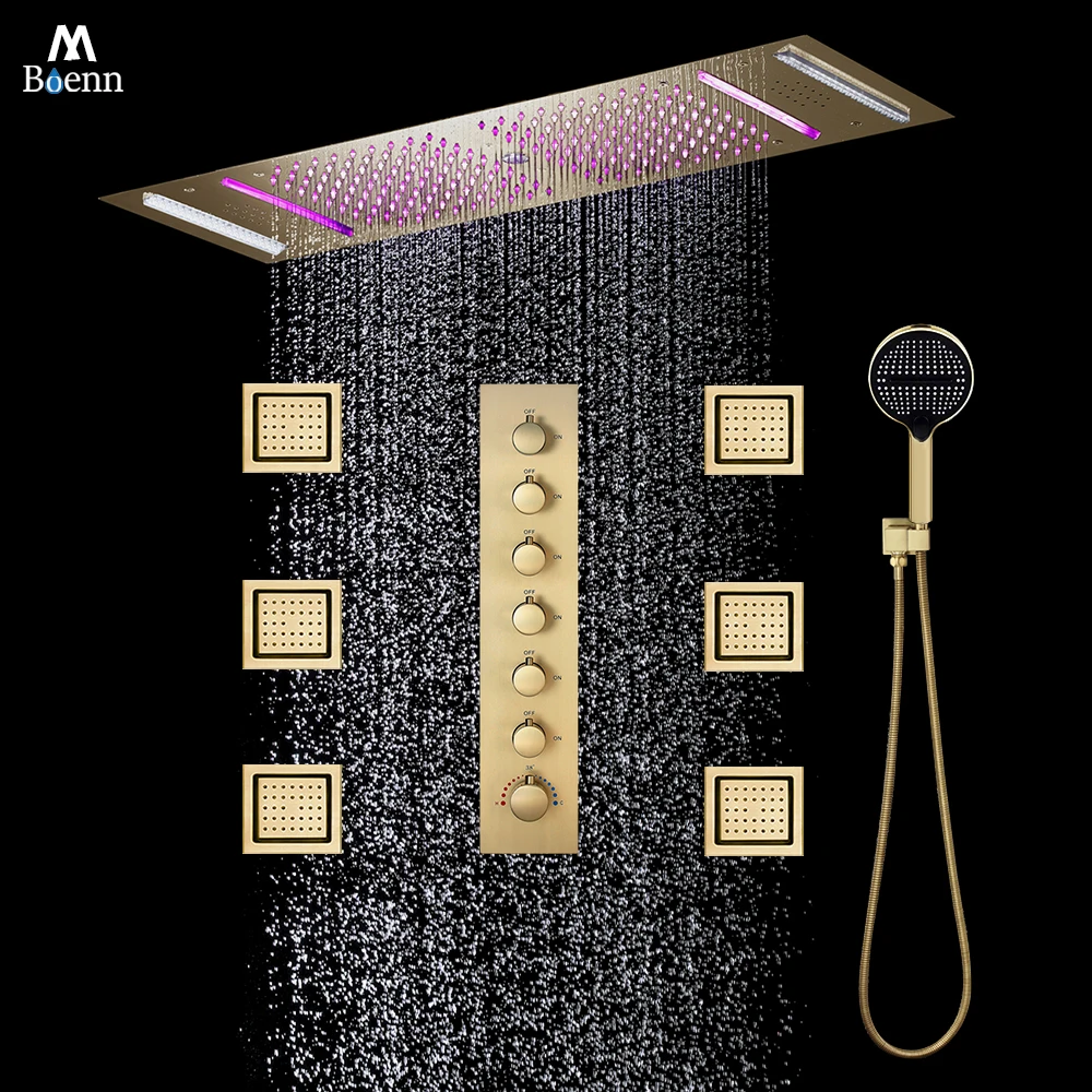 M Boenn Shower Complete Set Water Column Massage Couple LED Music Shower Head Rainfall Bathroom Faucet Diverter Thermostat Mixer