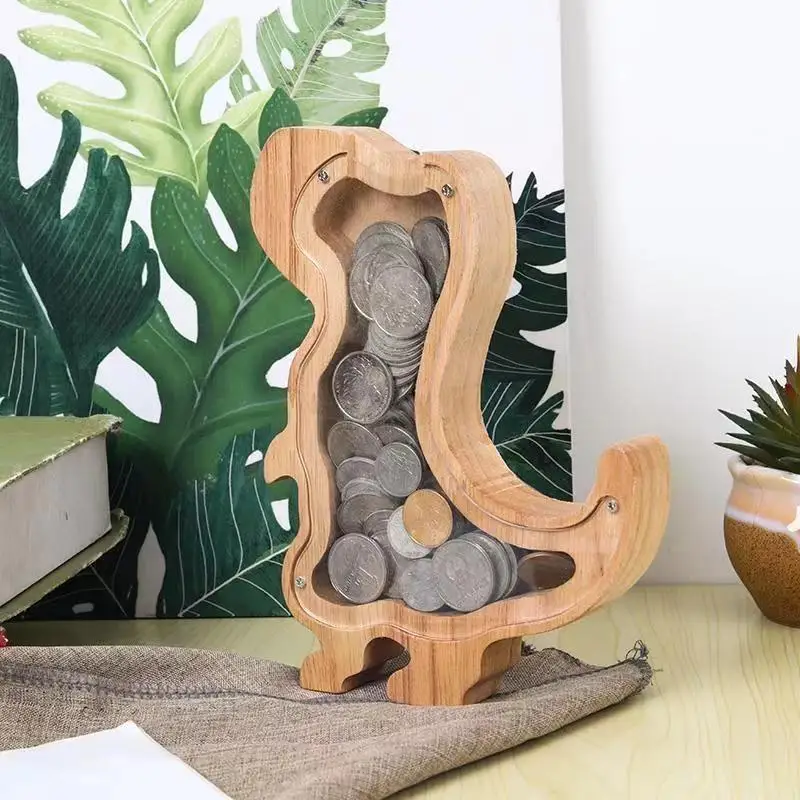 Wooden Animal Piggy Bank Transparent Cat Elephant Dinosaur Wood Carving Piggy Bank Children Piggy Bank Storage Jar Desktop Decor