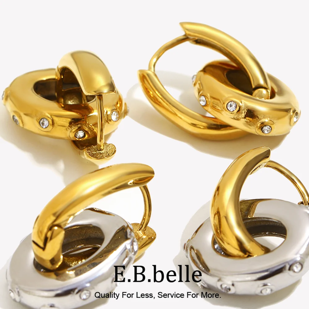 E.B.belle Trendy Small Oval Clear Zircon Hoop Earrings Women 18K Gold Plated Stainless Steel Jewelry Girl's Ear Jewelry