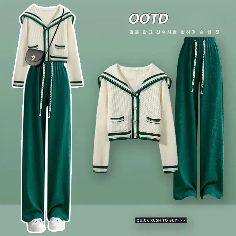 Preppy Style Two Piece Set Sailor Collar Sweater Suit Women\'s Knitted Cardigan 2Pcs Elastic Pants Korean Sportswear Set Trouser