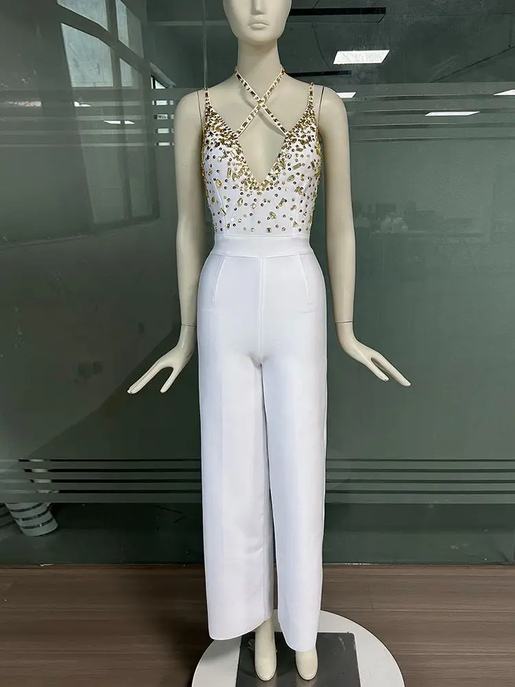2023 New Summer Women\'s Sexy Backless Sleeveless Luxury Crystal Diamond V-Neck Tight White Tight Bandage Jumpsuit
