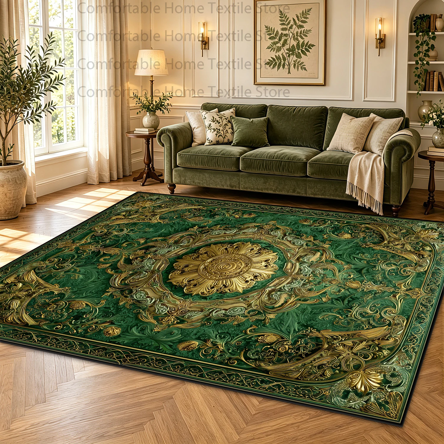 Green Gold Baroque Vintage Rectangle Living Room Rug Luxury Palace Decorative Area Carpet Short Velvet Easy Clean Non-slip Mat