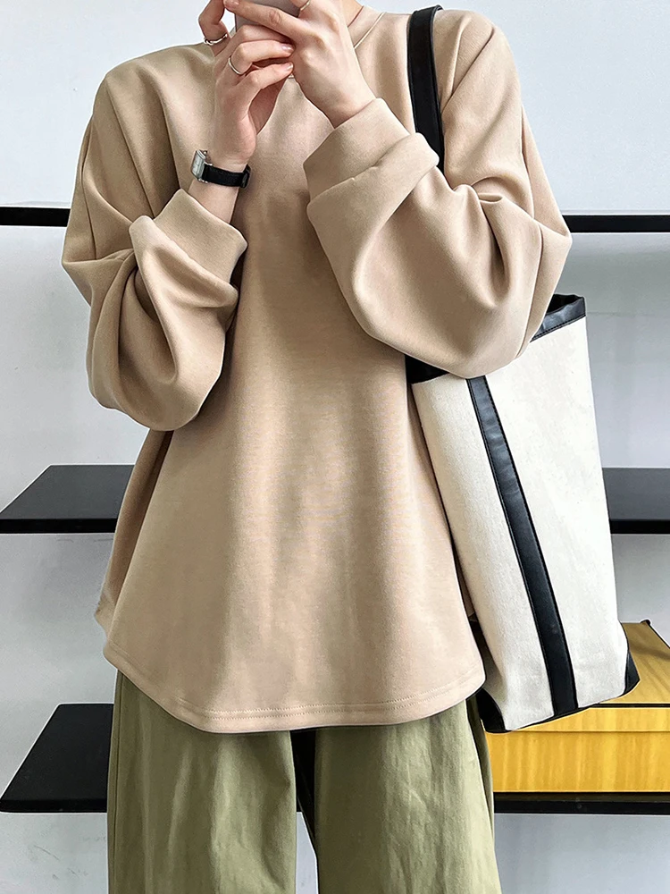 [EAM] Apricot Casual Shaped  Sweatshirt New Round Neck Long Sleeve Women Big Size Fashion Tide Spring Autumn 2023 1DH6668