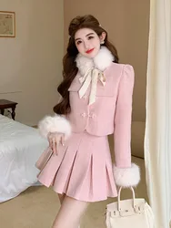 High Quality Thick Warm Winter Outfits For Women Two Piece Set Sweet Fashion Faux Collar Jacket Coat + Short Skirt 2 Piece Suits