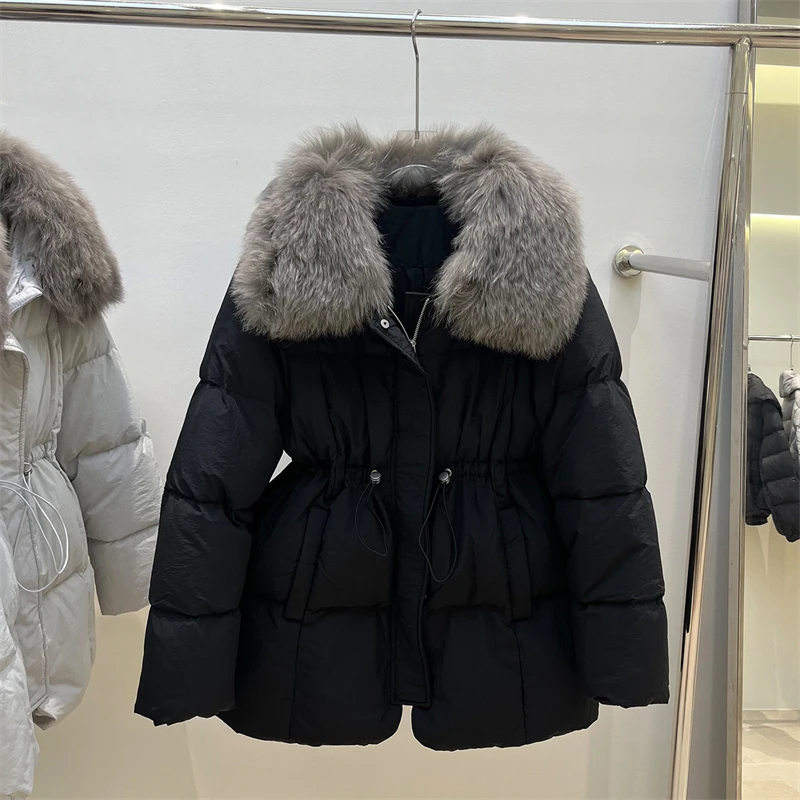 Winter New Style Women's Short Quilted Jacket with Fox Fur Collar Waist-Cinching White Duck down Hooded Thick Warm Coat