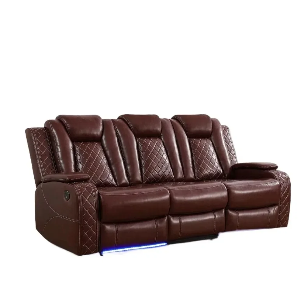 Sofa Kursi Daya Kulit dengan Lampu LED, Pengisi Daya Nirkabel/Port USB Meja Jatuh, Sofa Berbaring Ganda Daya Mewah 84"