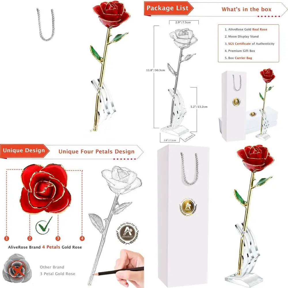 Rosa Real Bañada en Oro de 24K - Ramo de Rosas Rojas Único para el Día de San Valentín o el Día de la Madre (con Base)