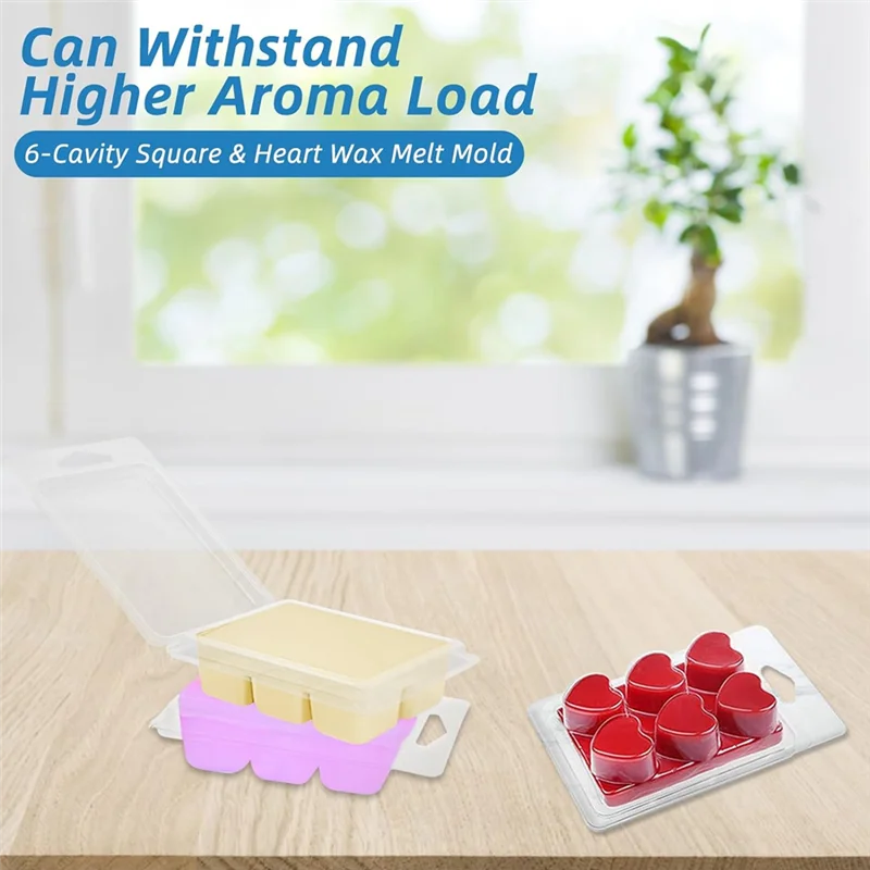 قوالب صدفي تذوب الشمع، علبة مكعبات 6 تجويف مربع بلاستيكي فارغ ومربع على شكل قلب حاوية تذوب مكعبة الشمع لـ 100 عبوة يمكنك صنعها بنفسك #4