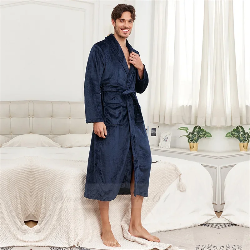 

Thicken Warm Coral Fleece Kimono Bathrobe Gown Winter Flannel Men's Long Robe Sleepwear Lounge Wear Loose Nightwear Home Clothes