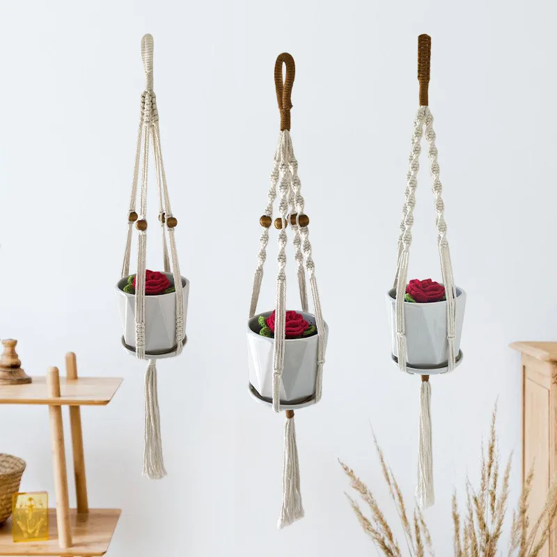 Macrame Plant Hanger, Handmade Cotton Rope Hanging Planter Net, Boho Wall Hanging for Indoor Outdoor Balcony Garden Decor