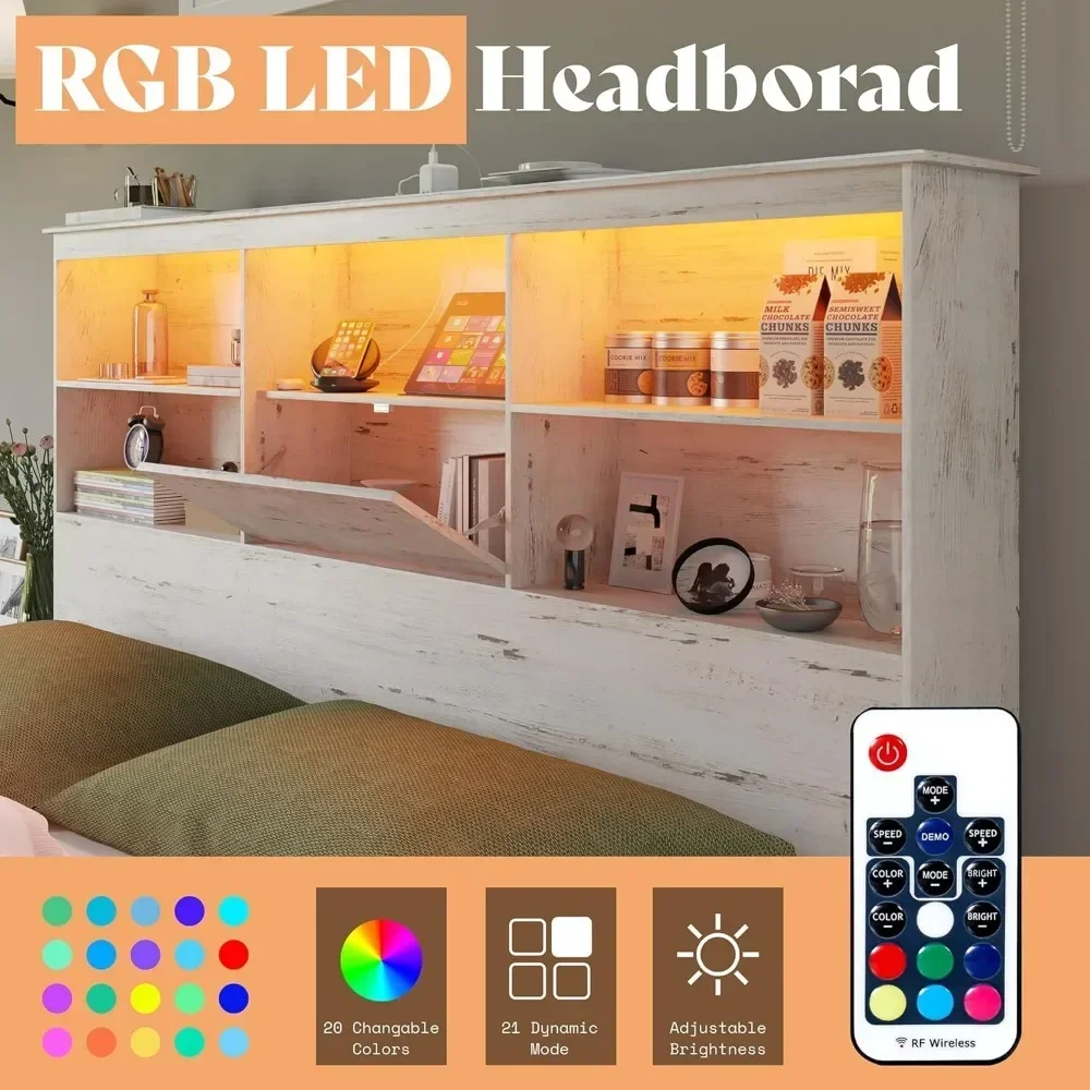 Bed Frame Platform Bed with 51.2" Storage LED Bookcase Headboard 4 Drawers & Charging Station/No Box Spring Needed Beds