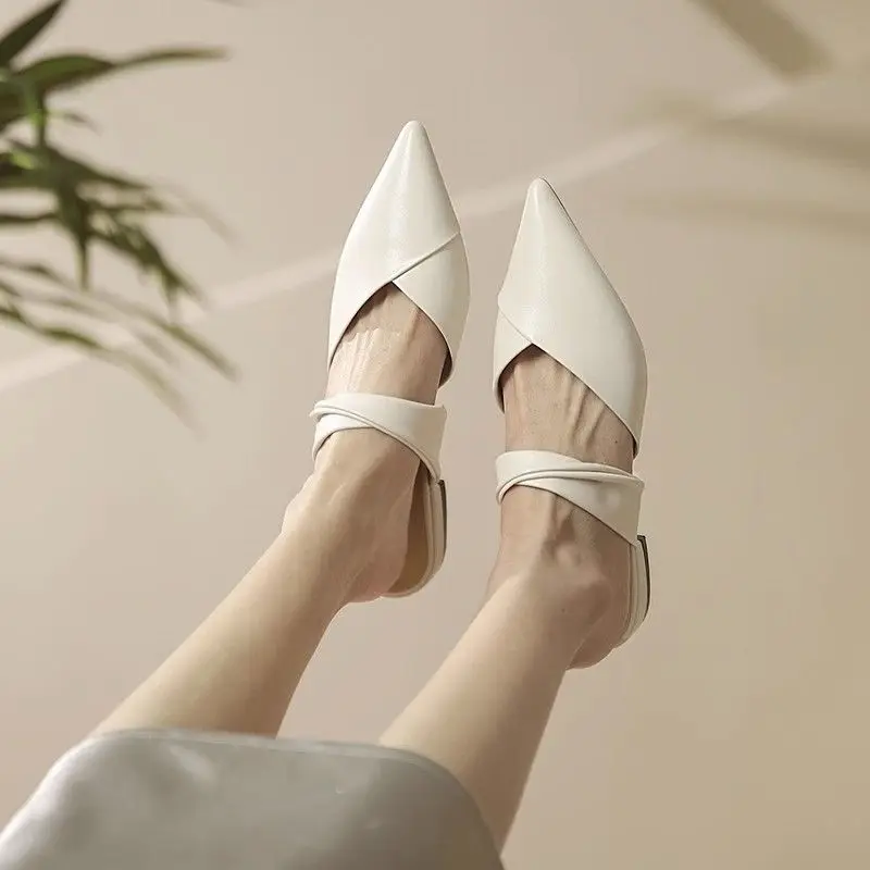 

Women's Mules Slippers and Ladies Sandals Sexy Low Heel Leather Shoes Eva 2025 Luxury Shoe Korea Style Clappers Casual 39 Slides