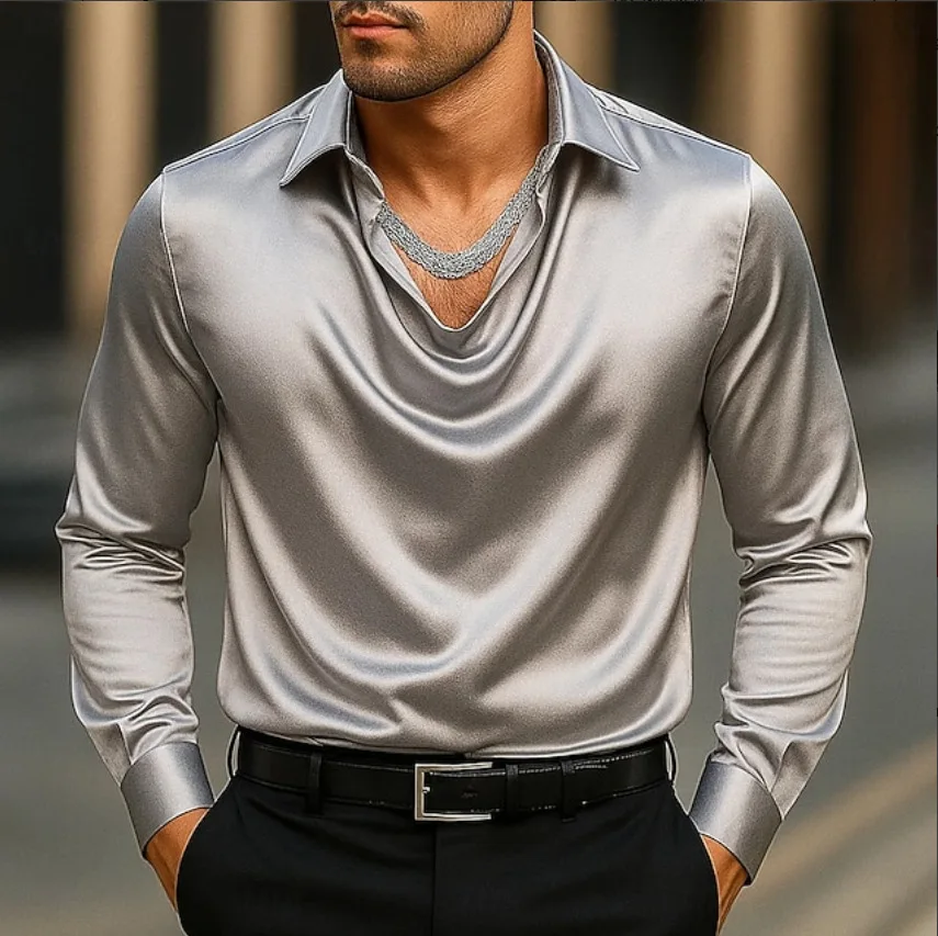 Men's Luxury Silk Satin Cowl Neck Shirt Elegant Draped Collar Long Sleeve Tops Formal Business Party Blouses For Men Multiple Co