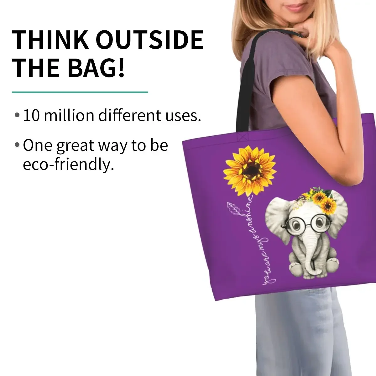 Cute Sunflower Elephant Friend Gift Shopping Canvas Bags Women Reusable Big Capacity Groceries Animal Flower Shopper Tote Bags