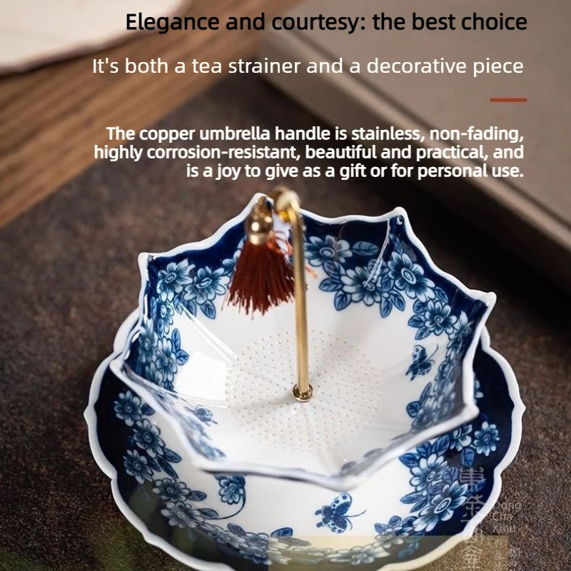 Umbrella Shaped Tea Residue Filter Creative Rotating Blue and White Porcelain Umbrella Shaped Copper Handle Tea Filter