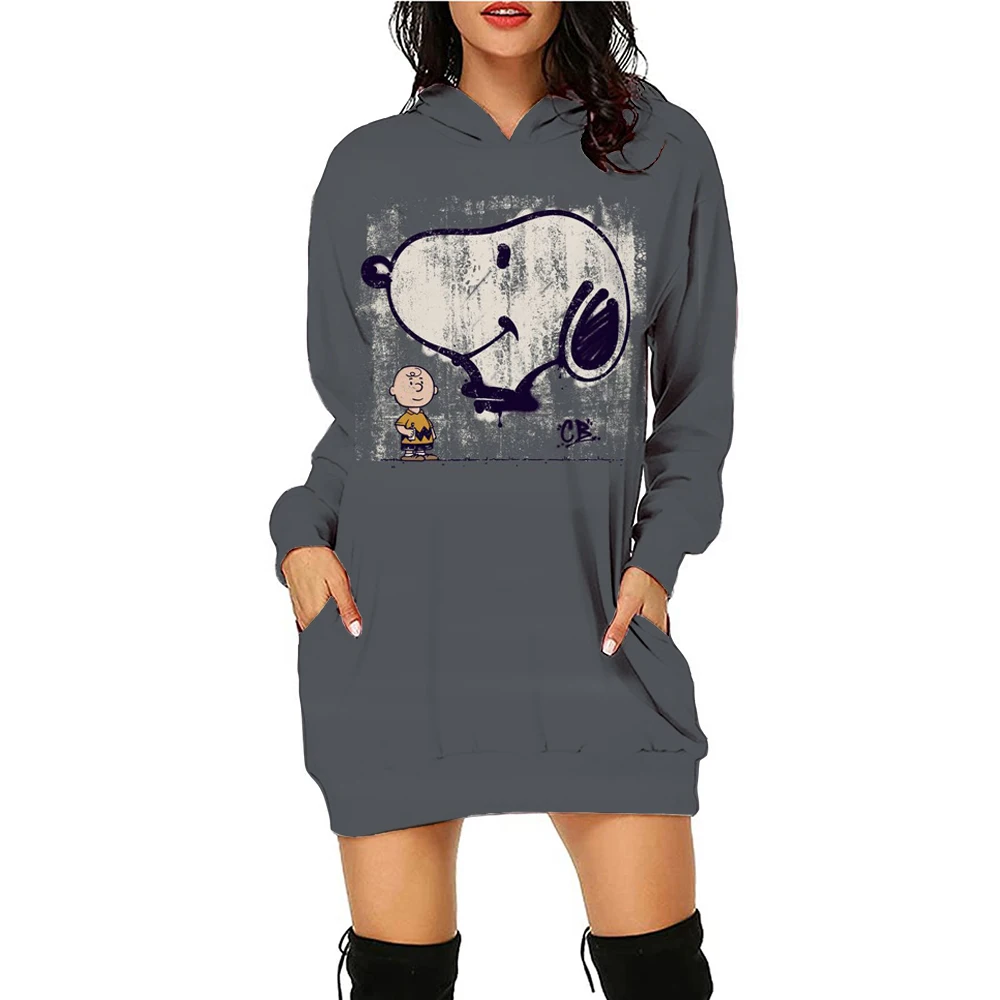 Christmas Autumn and Winter Women\'s Clothing Snoopy Cute Print Disney Women\'s Trendy Hoodie Dress Casual Long Sleeve Dress