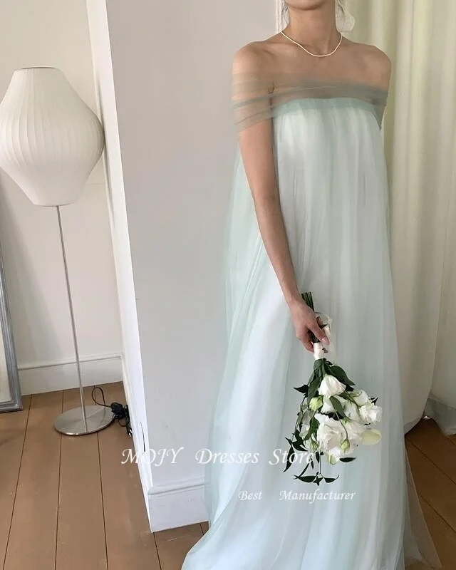 Mojy sans bretelles fée vert châle plissé corée robes de bal Tulle personnalisé a-ligne robes de soirée mariage séance Photo longueur de plancher