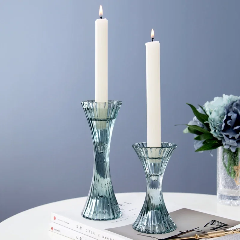 Elegant Blue Green Brown Glass Candle Holder Pair With Lines Texture On For Stick Pillar Ball Home Tabletop Decor Center Piece