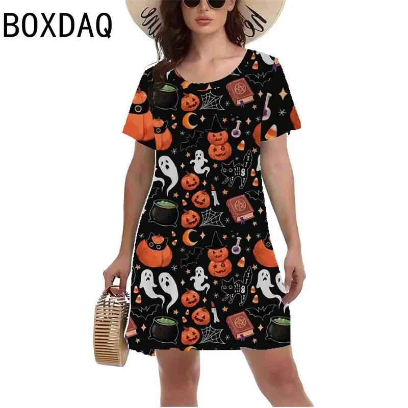 Damska sukienka świąteczna z krótkim rękawem O-Neck Casual A-Line Dress 3D Cartoon Santa Claus Christmas Tree Print Mini Dress Vestidos