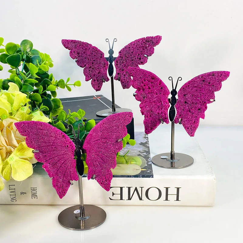 Honeycomb Ruby Corundum Crystal Butterfly Wings Art Decor Healing Stones Gemstone Ornament Decor with Display Stand Collection