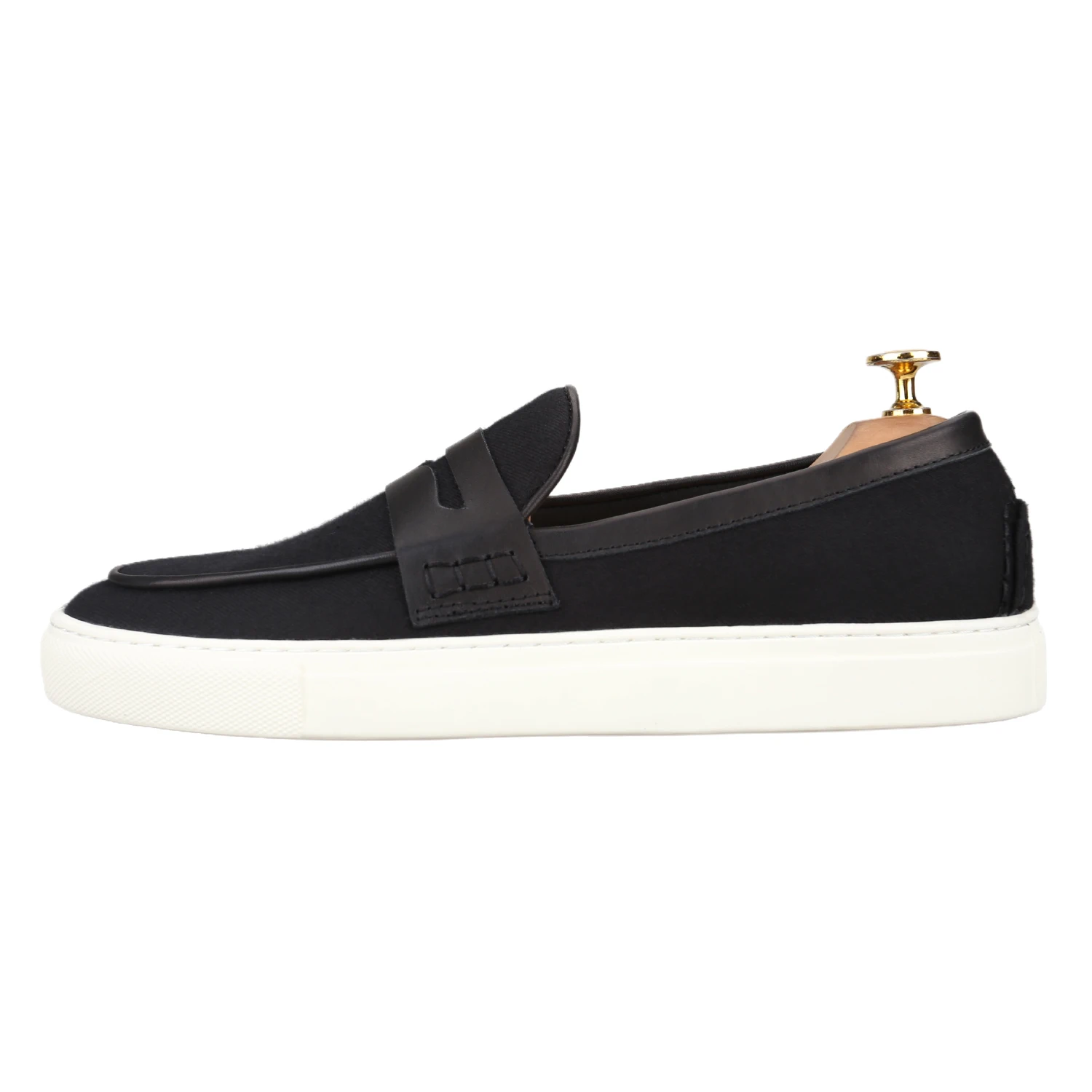 Piergitar Imported Black Denim Men's Boat Shoes With Cowhide Cross-Strap Design Height-Increasing White Sole Slip-on Sneakers