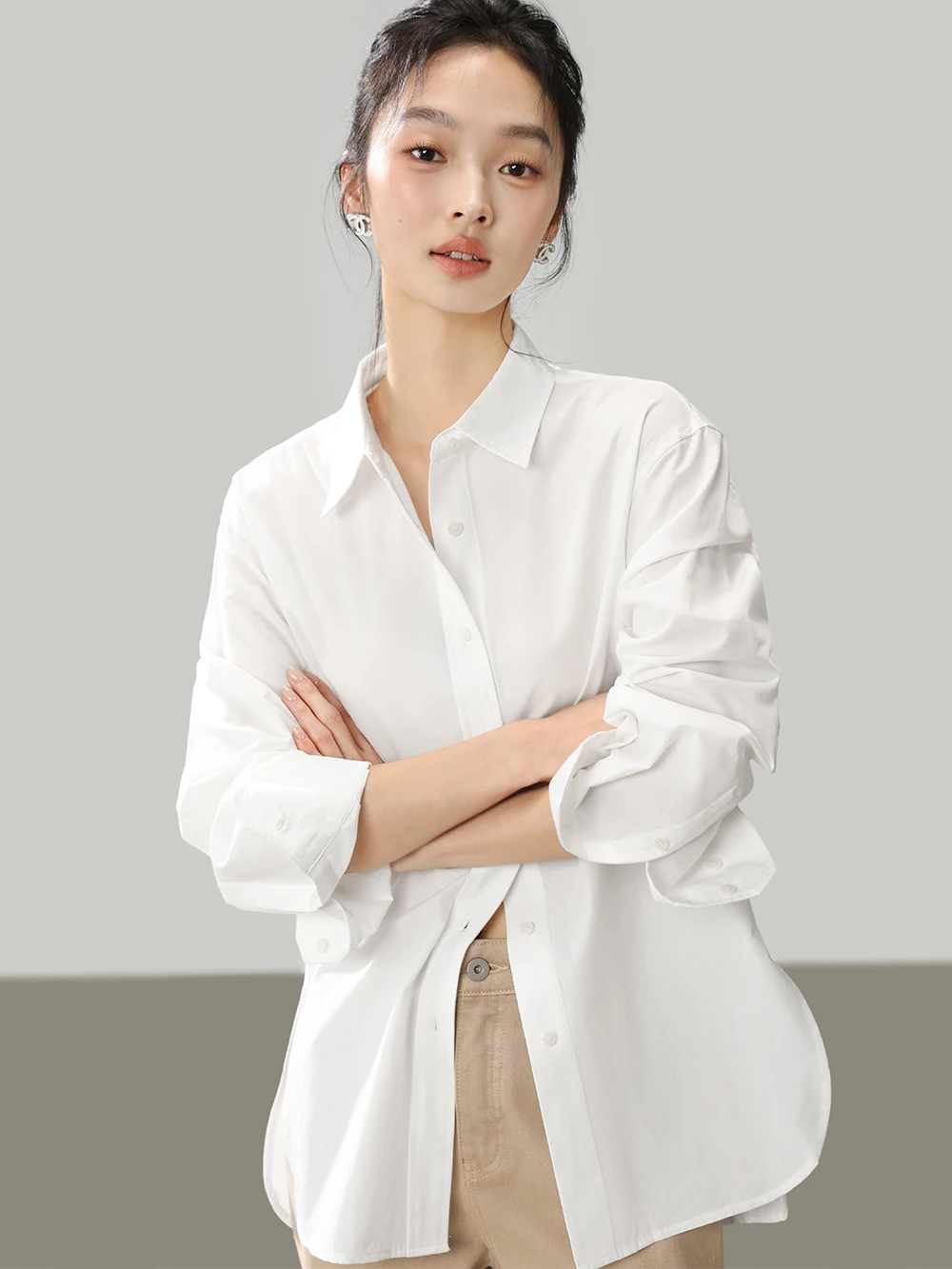 

Ele Slimming White irt Commute Crisp Feel Cotton Polyester Blend Women's Loose Fit irt Long Sve Button Closure