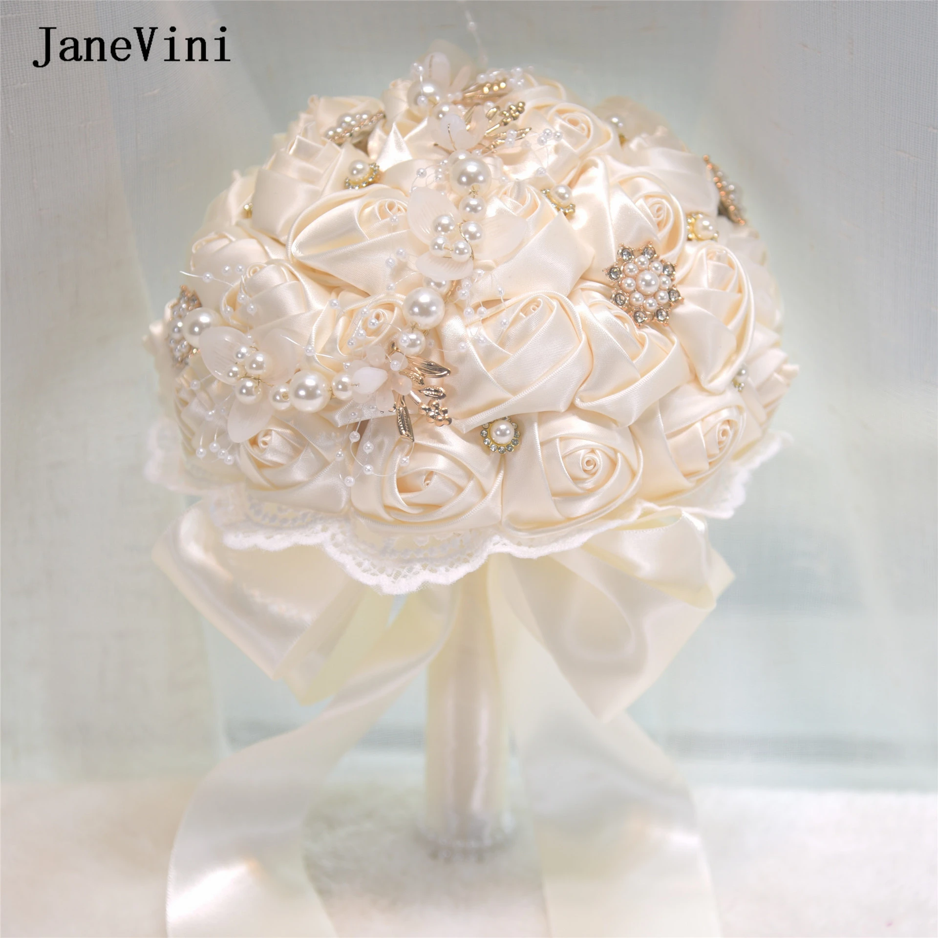 JaneVini-ramo de flores de boda para dama de honor, flores de marfil, perlas artificiales, rosas de satén, barato, novedad