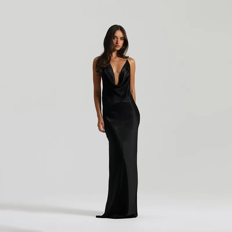 

Sexy Satin Low Cut Party Dress Elegant Lady Backless Swinging Collar Halter Evening Dress Female Fashion Casual Banquet Dress